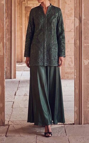 Threads and Motifs Green Silk Suit | Pakistani Embroidered Chiffon Dresses USA- Image 2