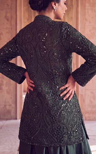 Threads and Motifs Green Silk Suit | Pakistani Embroidered Chiffon Dresses USA- Image 3