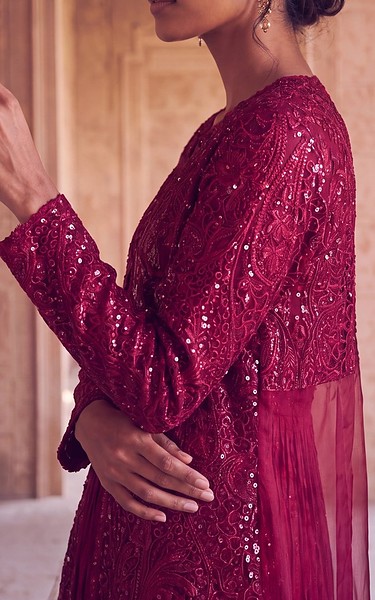 Threads and Motifs Magenta Organza Suit | Pakistani Embroidered Chiffon Dresses USA- Image 3