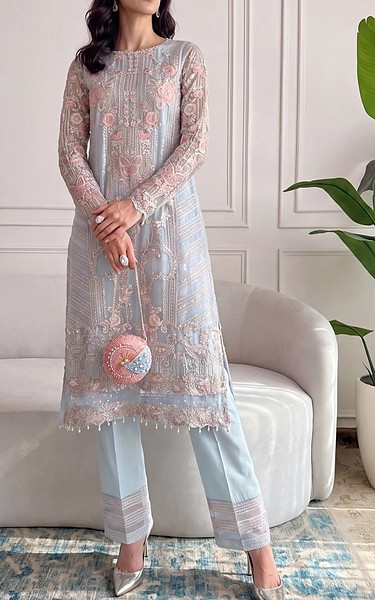 Threads and Motifs Baby Blue Net Suit | Pakistani Embroidered Chiffon Dresses USA- Image 1
