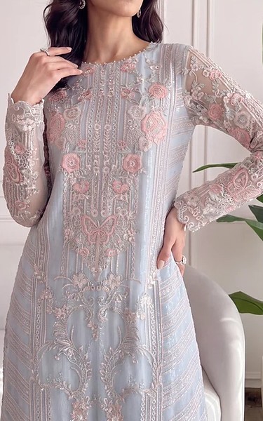Threads and Motifs Baby Blue Net Suit | Pakistani Embroidered Chiffon Dresses USA- Image 2