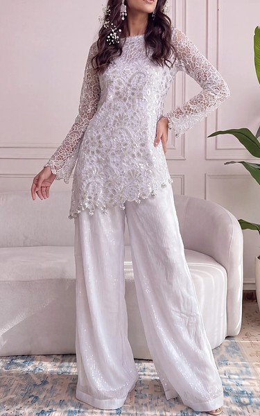 Threads and Motifs White Net Suit | Pakistani Embroidered Chiffon Dresses USA- Image 1