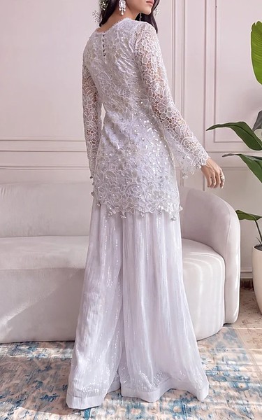 Threads and Motifs White Net Suit | Pakistani Embroidered Chiffon Dresses USA- Image 2