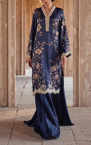 Threads and Motifs Blue Silk Suit | Pakistani Embroidered Chiffon Dresses USA- Image 1