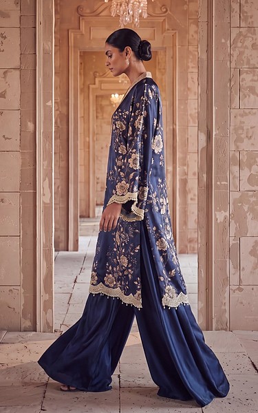 Threads and Motifs Blue Silk Suit | Pakistani Embroidered Chiffon Dresses USA- Image 3
