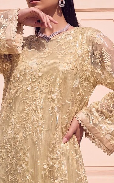 Threads and Motifs Golden Chiffon Suit | Pakistani Embroidered Chiffon Dresses USA- Image 2