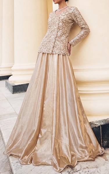 Threads and Motifs Golden Silk Suit | Pakistani Embroidered Chiffon Dresses USA- Image 1