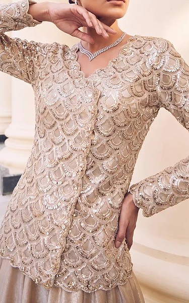 Threads and Motifs Golden Silk Suit | Pakistani Embroidered Chiffon Dresses USA- Image 2