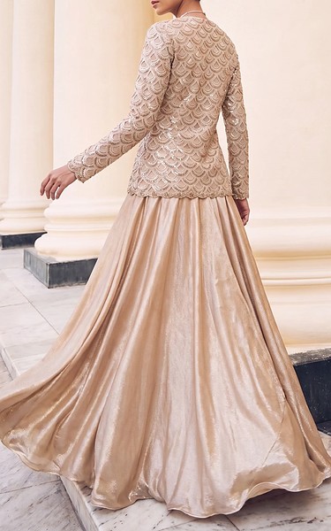 Threads and Motifs Golden Silk Suit | Pakistani Embroidered Chiffon Dresses USA- Image 3