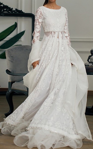 Threads and Motifs White Organza Suit | Pakistani Embroidered Chiffon Dresses USA- Image 1