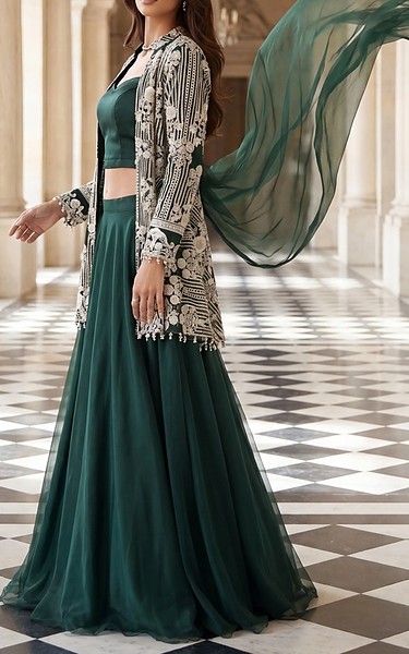 Threads and Motifs Green Net Suit | Pakistani Embroidered Chiffon Dresses USA- Image 1