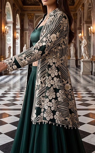 Threads and Motifs Green Net Suit | Pakistani Embroidered Chiffon Dresses USA- Image 3