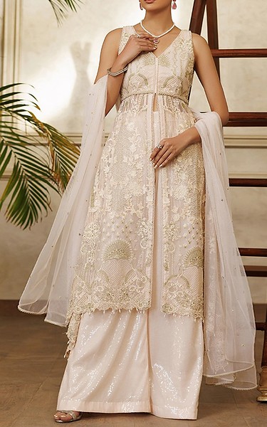 Threads and Motifs Off-white Net Suit | Pakistani Embroidered Chiffon Dresses USA- Image 1