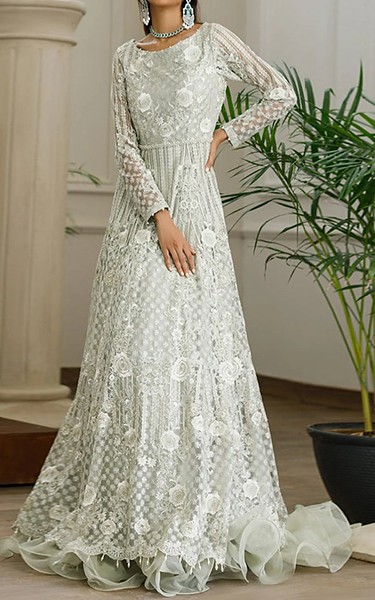 Threads and Motifs Turquoise Net Suit | Pakistani Embroidered Chiffon Dresses USA- Image 1