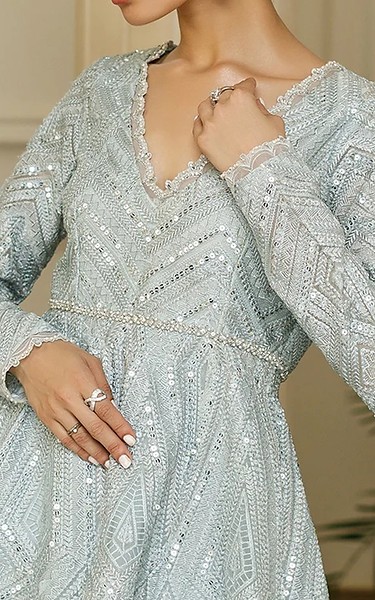 Threads and Motifs Cadet Blue Organza Suit | Pakistani Embroidered Chiffon Dresses USA- Image 1