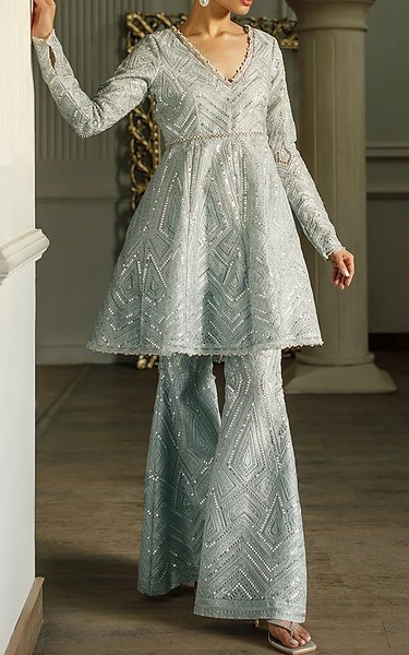 Threads and Motifs Cadet Blue Organza Suit | Pakistani Embroidered Chiffon Dresses USA- Image 2
