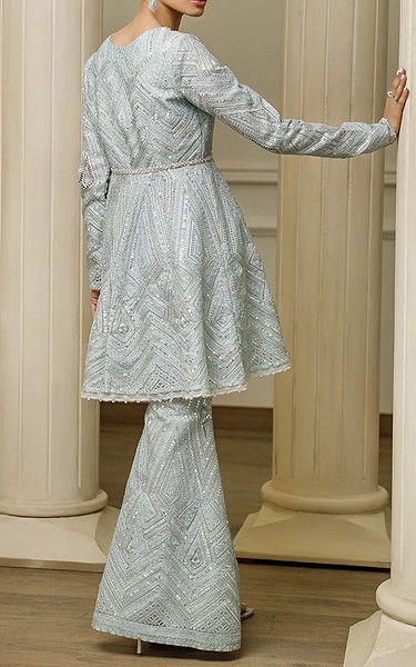 Threads and Motifs Cadet Blue Organza Suit | Pakistani Embroidered Chiffon Dresses USA- Image 3