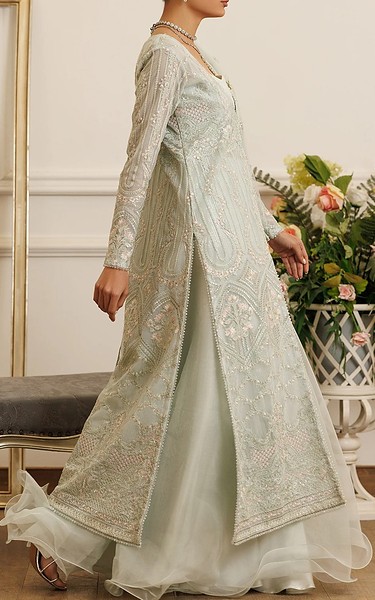 Threads and Motifs Light Turquoise Net Suit | Pakistani Embroidered Chiffon Dresses USA- Image 2