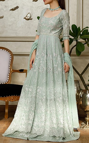 Threads and Motifs Turquoise Chiffon Suit | Pakistani Embroidered Chiffon Dresses USA- Image 1
