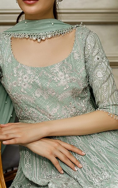 Threads and Motifs Turquoise Chiffon Suit | Pakistani Embroidered Chiffon Dresses USA- Image 2