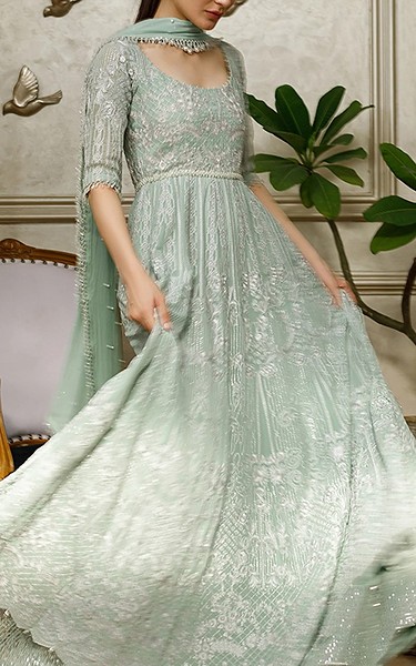Threads and Motifs Turquoise Chiffon Suit | Pakistani Embroidered Chiffon Dresses USA- Image 3
