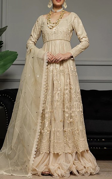 Threads and Motifs Sand Gold Net Suit | Pakistani Embroidered Chiffon Dresses USA- Image 1