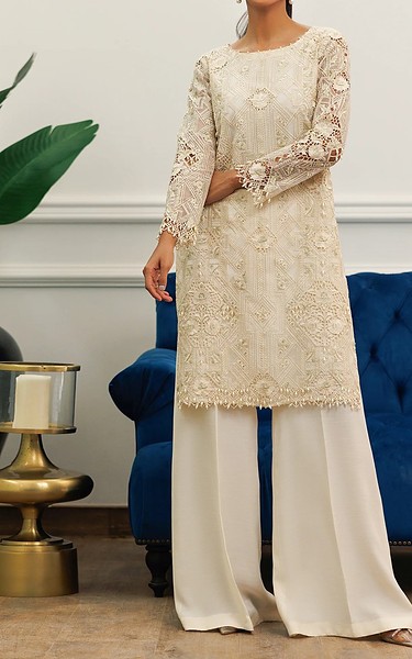 Threads and Motifs Off-white Organza Suit | Pakistani Embroidered Chiffon Dresses USA- Image 1