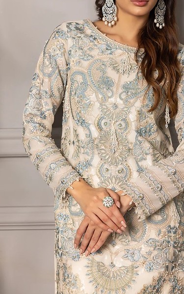 Threads and Motifs Off-white Net Suit | Pakistani Embroidered Chiffon Dresses USA- Image 2