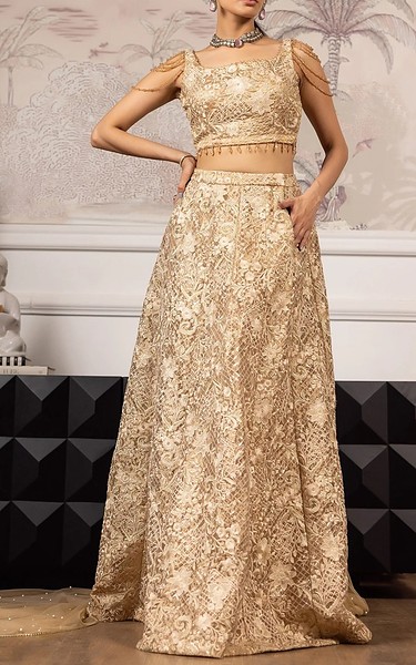 Threads and Motifs Golden Net Suit | Pakistani Embroidered Chiffon Dresses USA- Image 1
