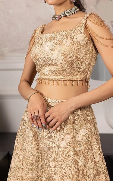 Threads and Motifs Golden Net Suit | Pakistani Embroidered Chiffon Dresses USA- Image 2