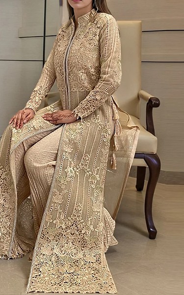 Threads and Motifs Sand Gold Organza Suit | Pakistani Embroidered Chiffon Dresses USA- Image 1