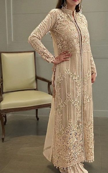Threads and Motifs Sand Gold Organza Suit | Pakistani Embroidered Chiffon Dresses USA- Image 2