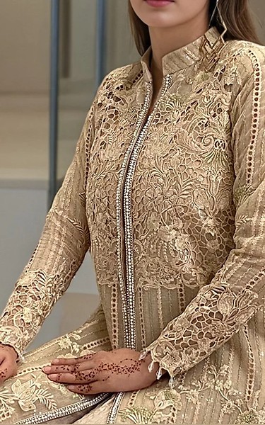Threads and Motifs Sand Gold Organza Suit | Pakistani Embroidered Chiffon Dresses USA- Image 3