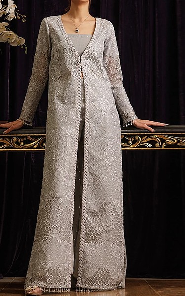 Threads and Motifs Grey Net Suit | Pakistani Embroidered Chiffon Dresses USA- Image 1
