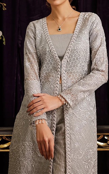 Threads and Motifs Grey Net Suit | Pakistani Embroidered Chiffon Dresses USA- Image 2