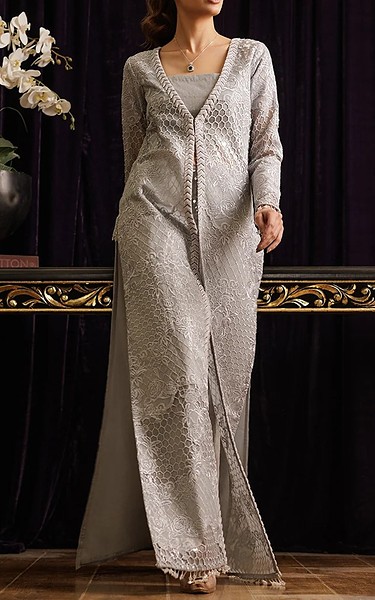 Threads and Motifs Grey Net Suit | Pakistani Embroidered Chiffon Dresses USA- Image 3