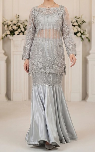 Threads and Motifs Grey Organza Suit | Pakistani Embroidered Chiffon Dresses USA- Image 1