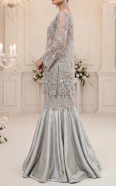 Threads and Motifs Grey Organza Suit | Pakistani Embroidered Chiffon Dresses USA- Image 2
