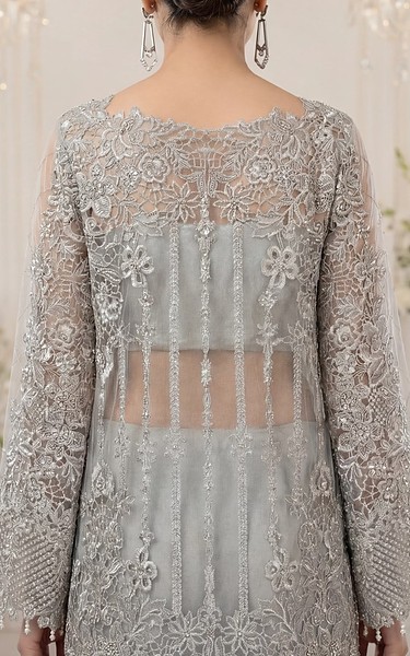 Threads and Motifs Grey Organza Suit | Pakistani Embroidered Chiffon Dresses USA- Image 3