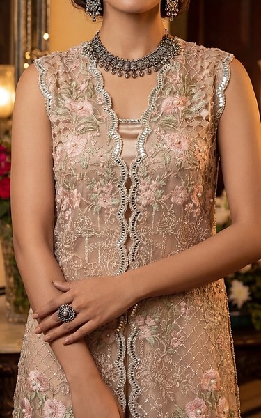 Threads and Motifs Ivory/Peach Net Suit | Pakistani Embroidered Chiffon Dresses USA- Image 1
