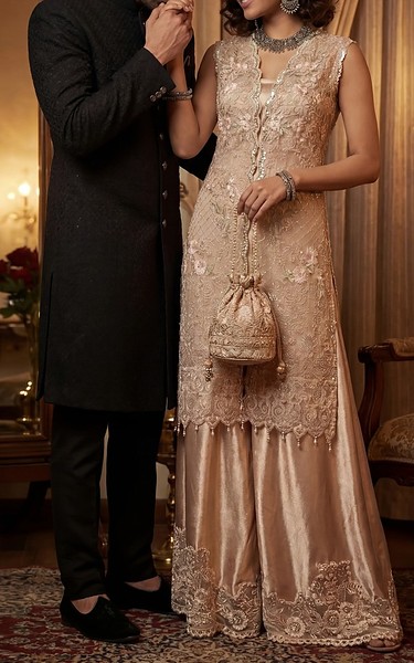 Threads and Motifs Ivory/Peach Net Suit | Pakistani Embroidered Chiffon Dresses USA- Image 2