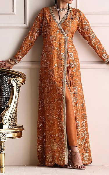 Threads and Motifs Bright Orange Silk Suit | Pakistani Embroidered Chiffon Dresses USA- Image 1