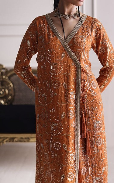 Threads and Motifs Bright Orange Silk Suit | Pakistani Embroidered Chiffon Dresses USA- Image 2