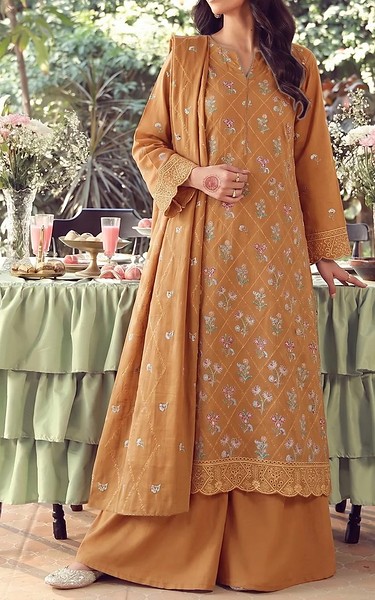 VS Textile Persian Orange Karandi Suit | Pakistani Winter Dresses in USA- Image 1