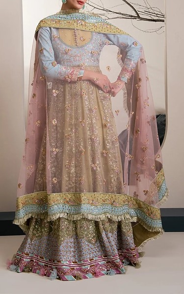 Xenia Sky Blue/Sand Gold Raw Silk Suit | Pakistani Embroidered Chiffon Dresses USA- Image 1