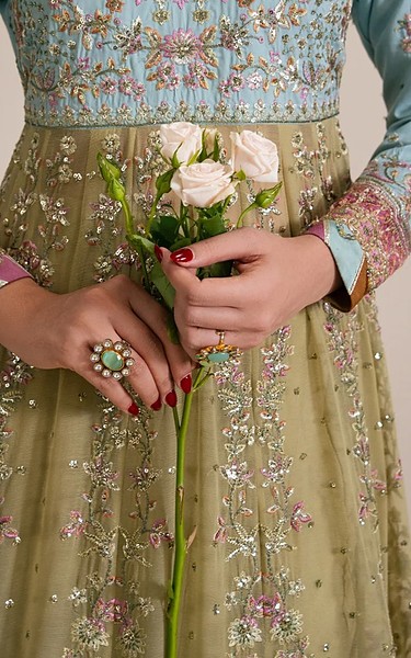 Xenia Sky Blue/Sand Gold Raw Silk Suit | Pakistani Embroidered Chiffon Dresses USA- Image 2