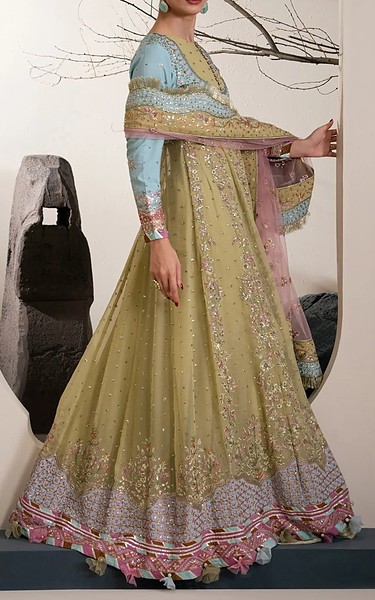 Xenia Sky Blue/Sand Gold Raw Silk Suit | Pakistani Embroidered Chiffon Dresses USA- Image 3