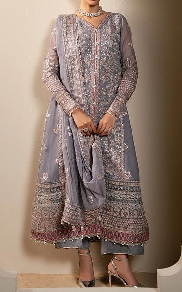 Xenia Warm Grey Chiffon Suit | Pakistani Embroidered Chiffon Dresses USA- Image 1