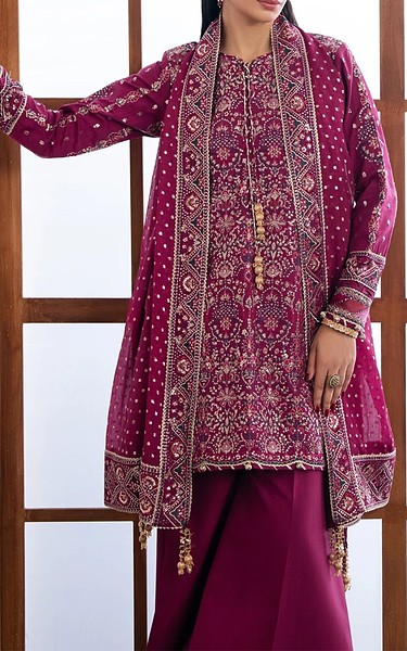 Xenia Mulberry Raw Silk Suit | Pakistani Embroidered Chiffon Dresses USA- Image 1