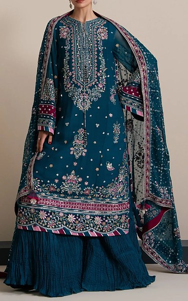 Xenia Teal Blue Chiffon Suit | Pakistani Embroidered Chiffon Dresses USA- Image 1